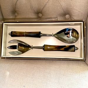 Pier One Serving Set Salad Utensils Metal Spoon Fork BONE? LUCITE ? Handle MCM